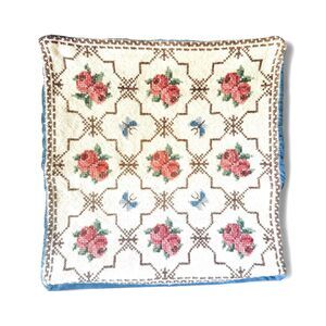 Vintage Hand Made Wool Cross Stitch Throw Pillow Cover Roses 14" Square